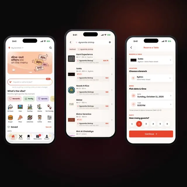 Dinesty app screens: home, restaurant and booking