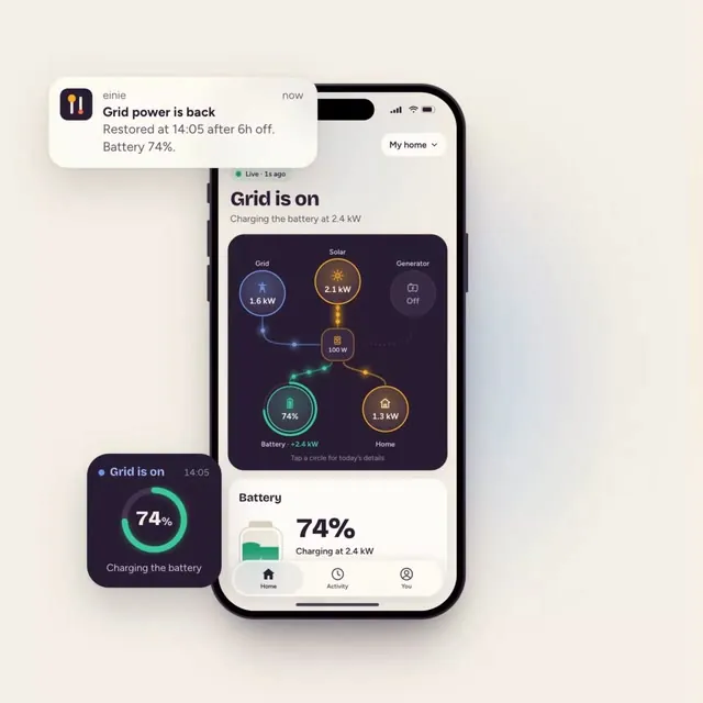 einie app showing live solar, grid and battery